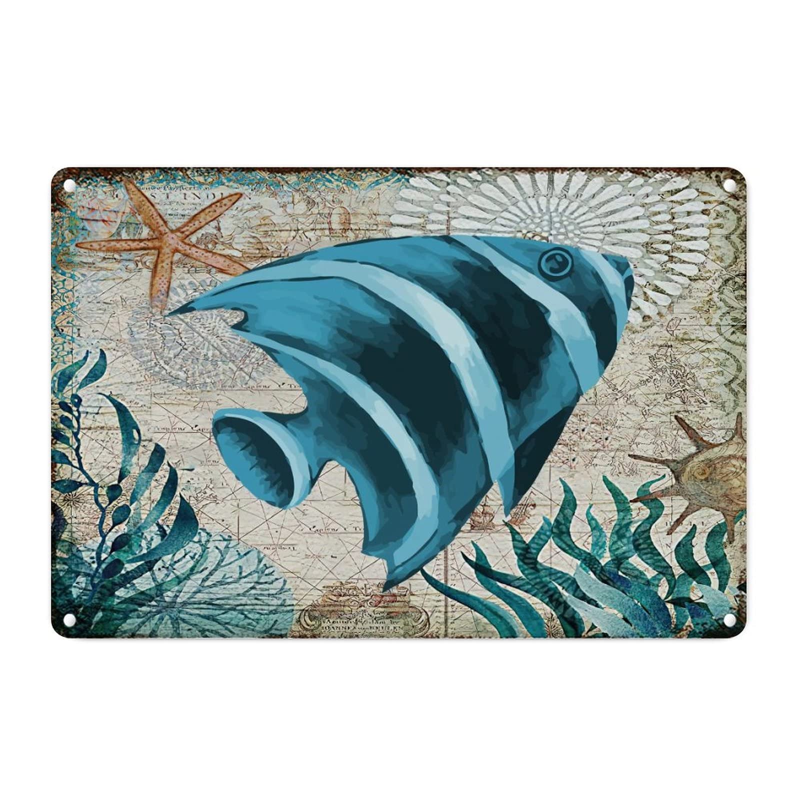 Panneau en métal vintage pieuvre et poisson bleu sarcelle pour mur