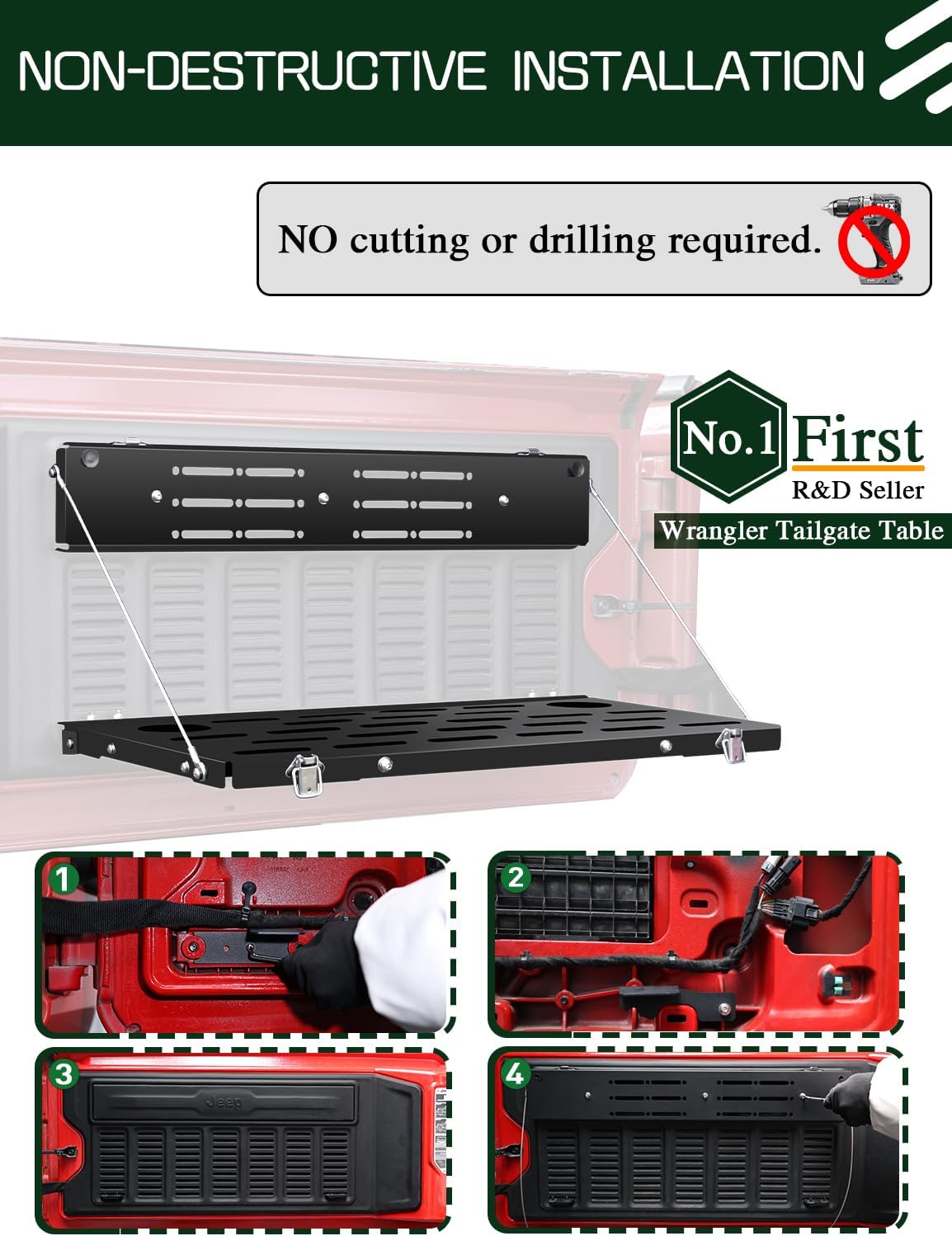 JROAD Non-Destructive Installation Wrangler JL Tailgate Table for 2018-2024 Jeep Wrangler JL JlU Rear Door Foldable Storage Shelf MOLLE Panel (Exclude 2020-2022 Gladiator JT)