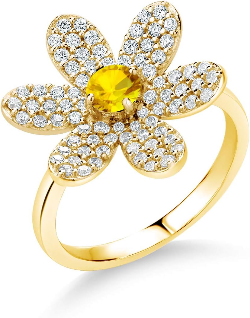 Gem Stone King 18K Yellow Gold Plated Silver 4MM Round Gemstone Birthstone Flower Ring For Women By Keren Hanan | Available in Size 5,6,7,8,9
