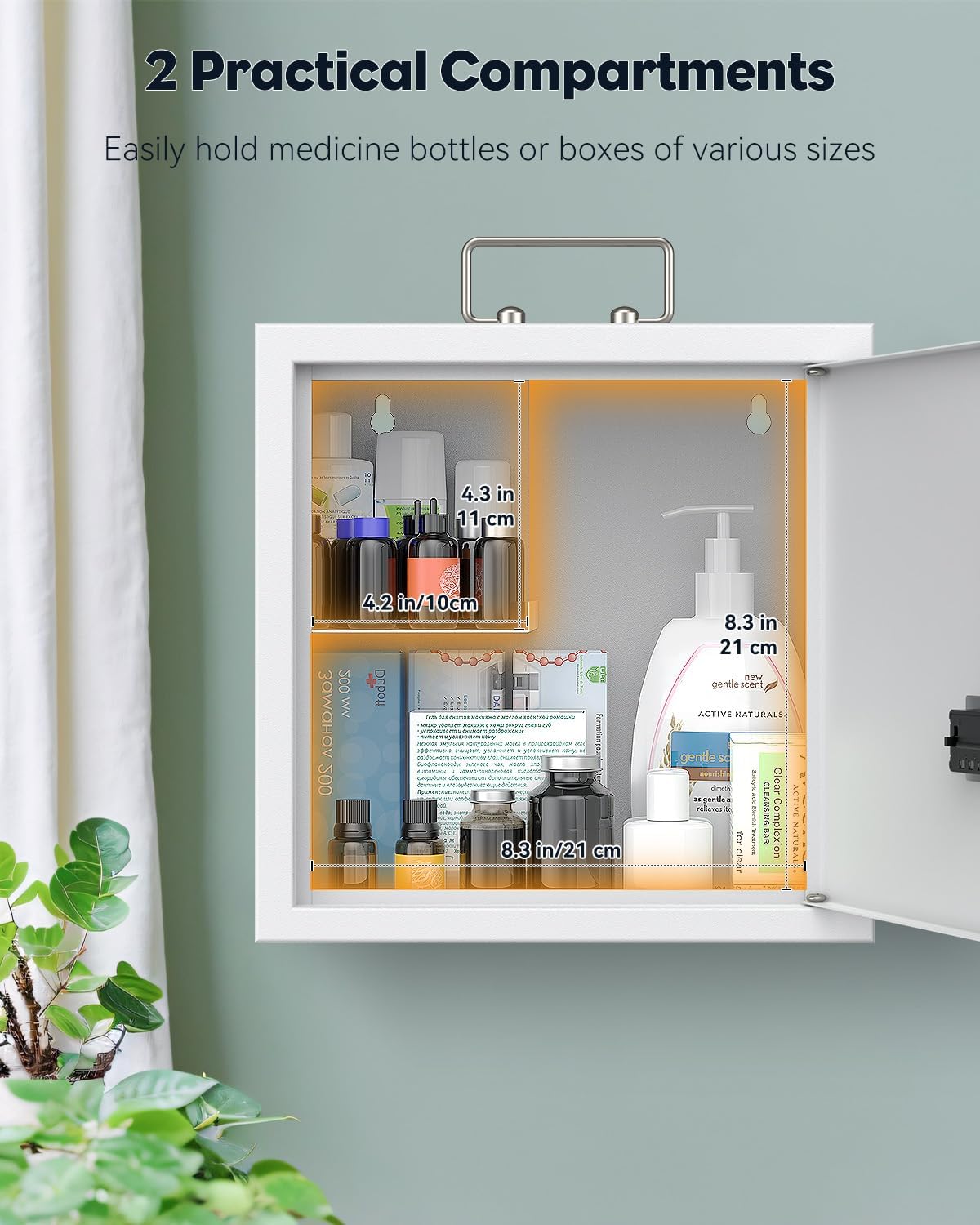 Internal view of the Uniclife Medicine Cabinet showing two compartments with approximate dimensions: top compartment 4.3 inches (11 cm) high, bottom compartment 8.3 inches (21 cm) high. Both compartments are 4.2 inches (10 cm) deep.