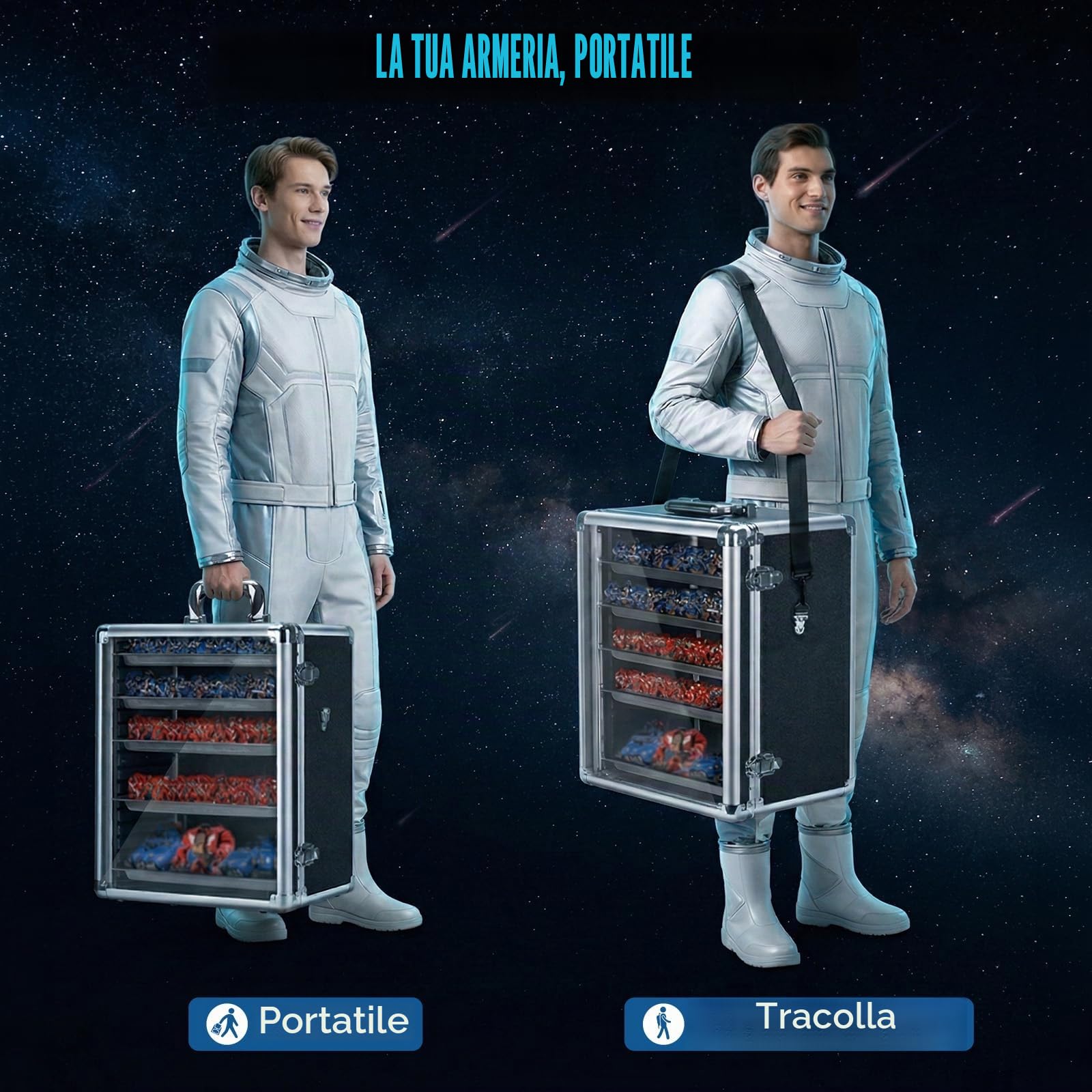 ONUEMP Valigetta per Miniature da Tavolo con Supporto per il Trasporto in Lega di Alluminio con Tracolla, 6 Scompartimenti, Argento