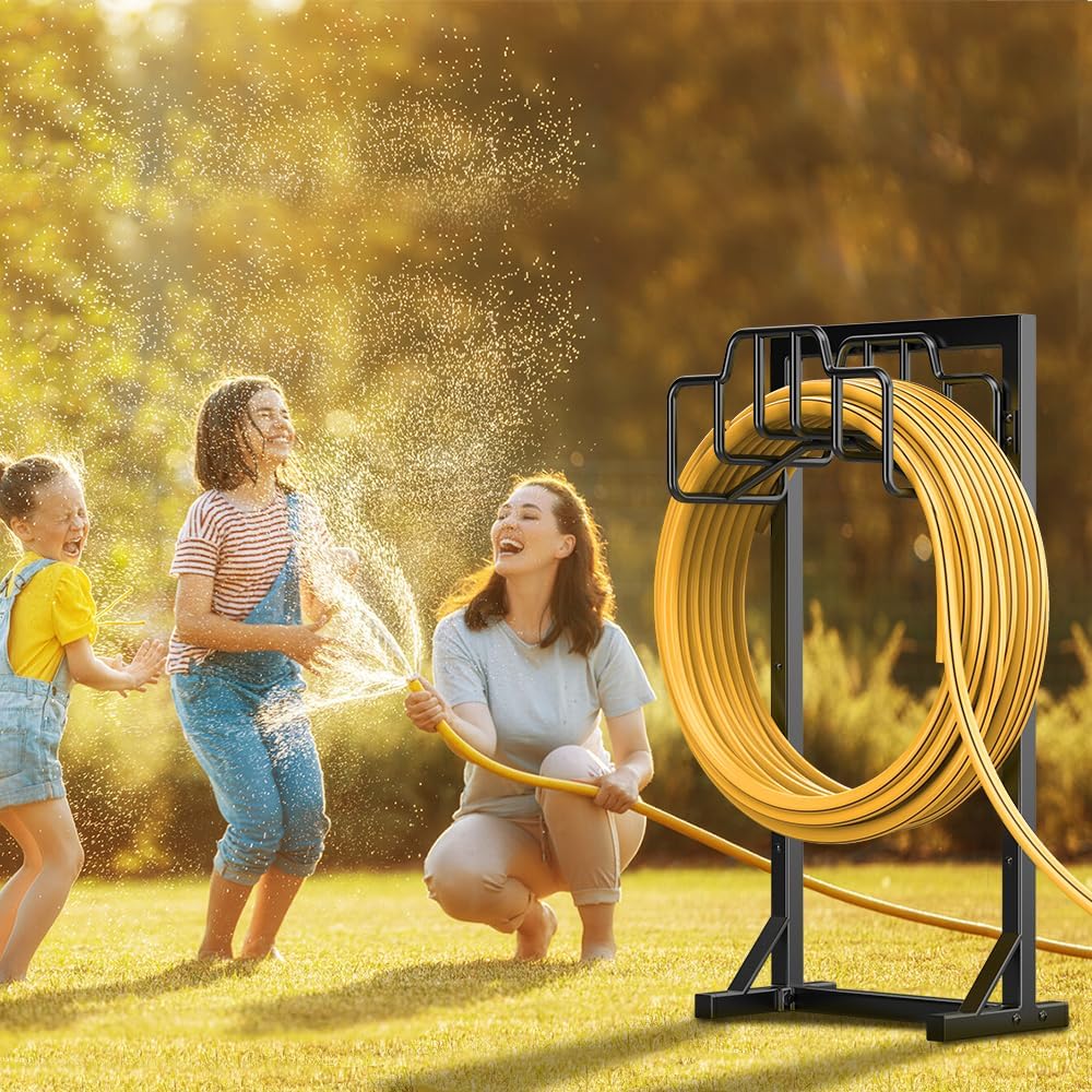 Bomclap Support de tuyau d'arrosage de 117 cm, autonome, amovible, en métal, avec panier de rangement, noir
