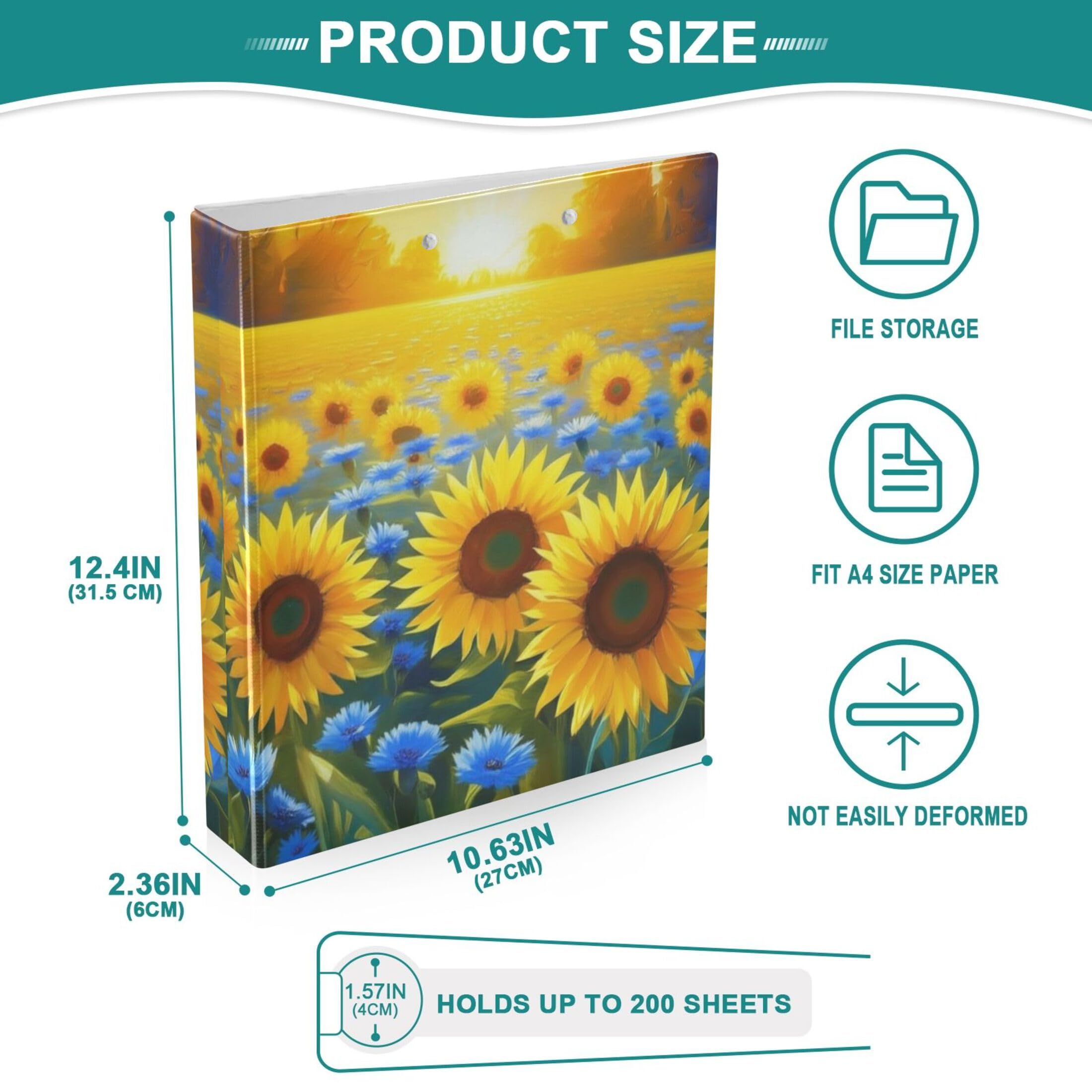 Custom Vibrant Sunflowers Cornflowes Ordner mit 3 Ringen, für 200 Blatt, Portfolio, niedlich, rund, strapazierfähig, 31,5 x 27 x 6 cm, 2 Stück