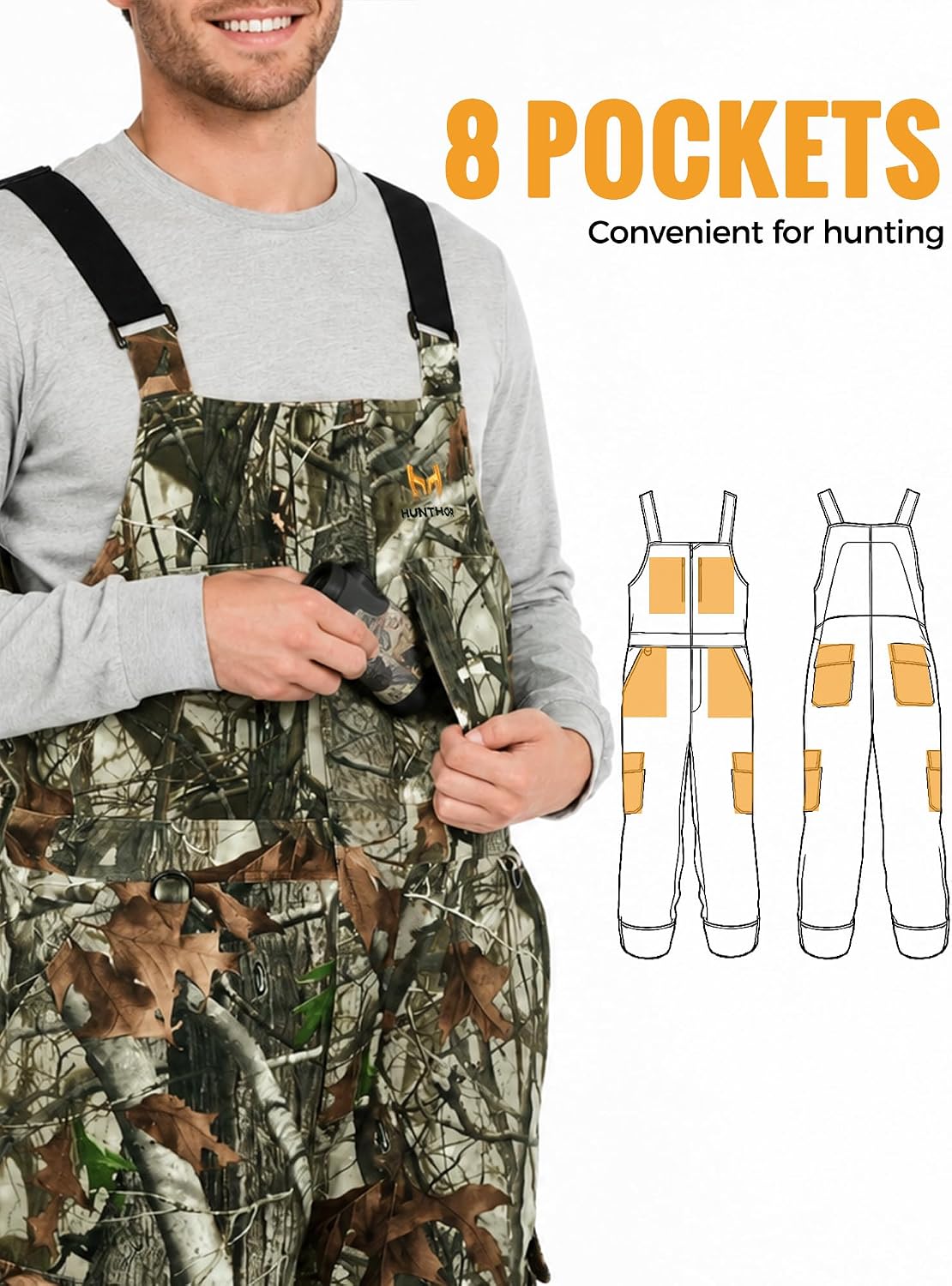Hunthor Hunting Bibs for Men Insulated, Ultra Quiet Camo Hunting Overalls