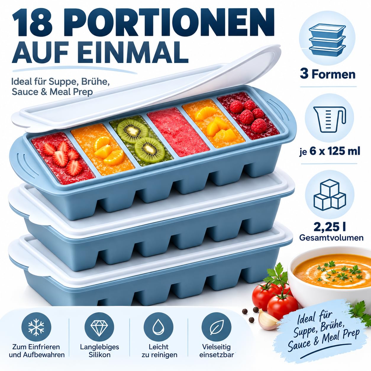 Silikon Gefrierform 3er-Set, je 6x125ml mit Deckel für Meal Prep und Suppe