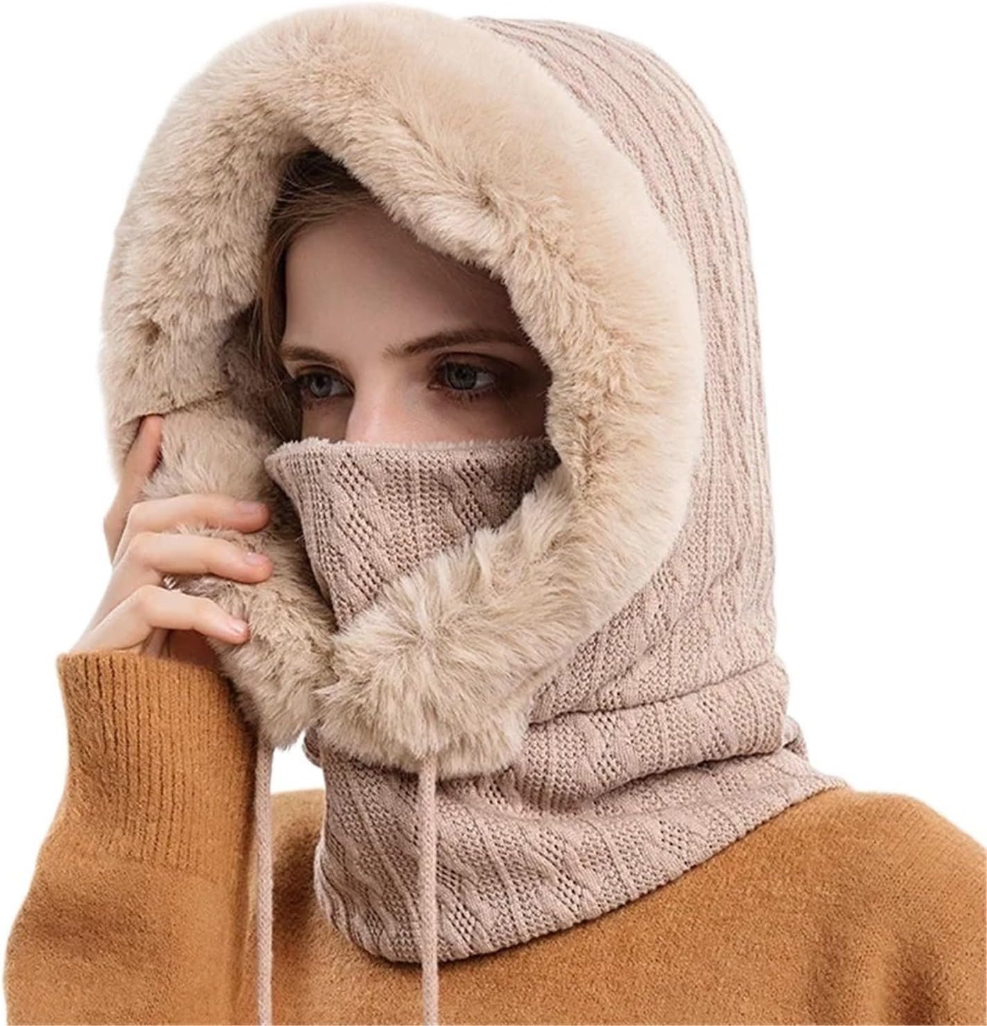mask Women Beanie Hat Winter Balaclava Knitted Cap Hooded Face Mask Fluff Keep Warm Neck Scarf Bonnet