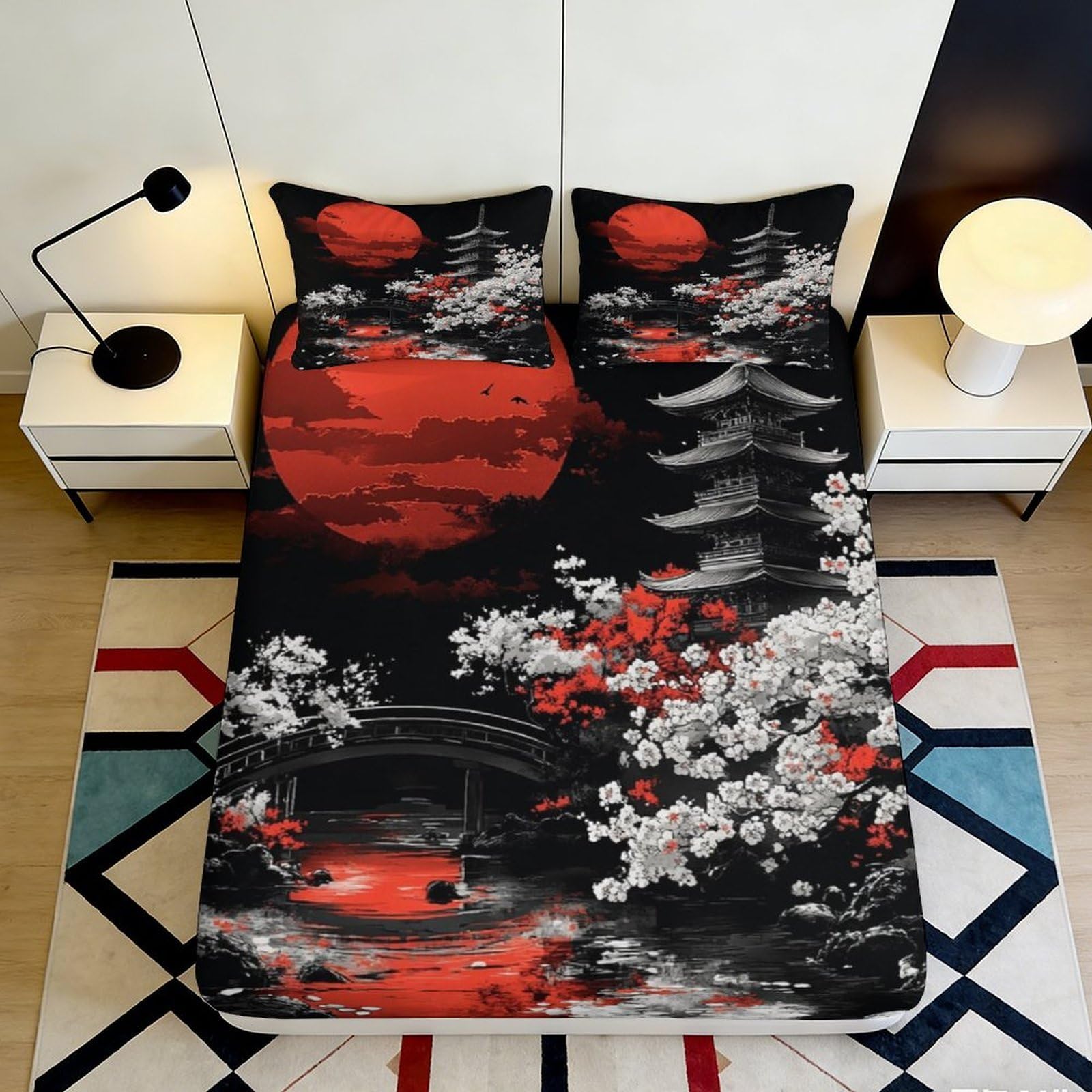 3D Printed Japanese Pagoda Fitted Sheet Microfiber Red Moon Sakura Mattress Cover Anti-Slip for Bedroom Dorm Easy Care 90x200x25cm