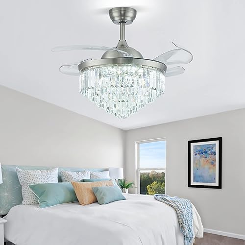 Miniatura 2 de YPQXYHDA Lámparas de techo de cristal modernas regulables de 42 pulgadas con luces ventilador de techo retráctil para dormitorio comedor sala de