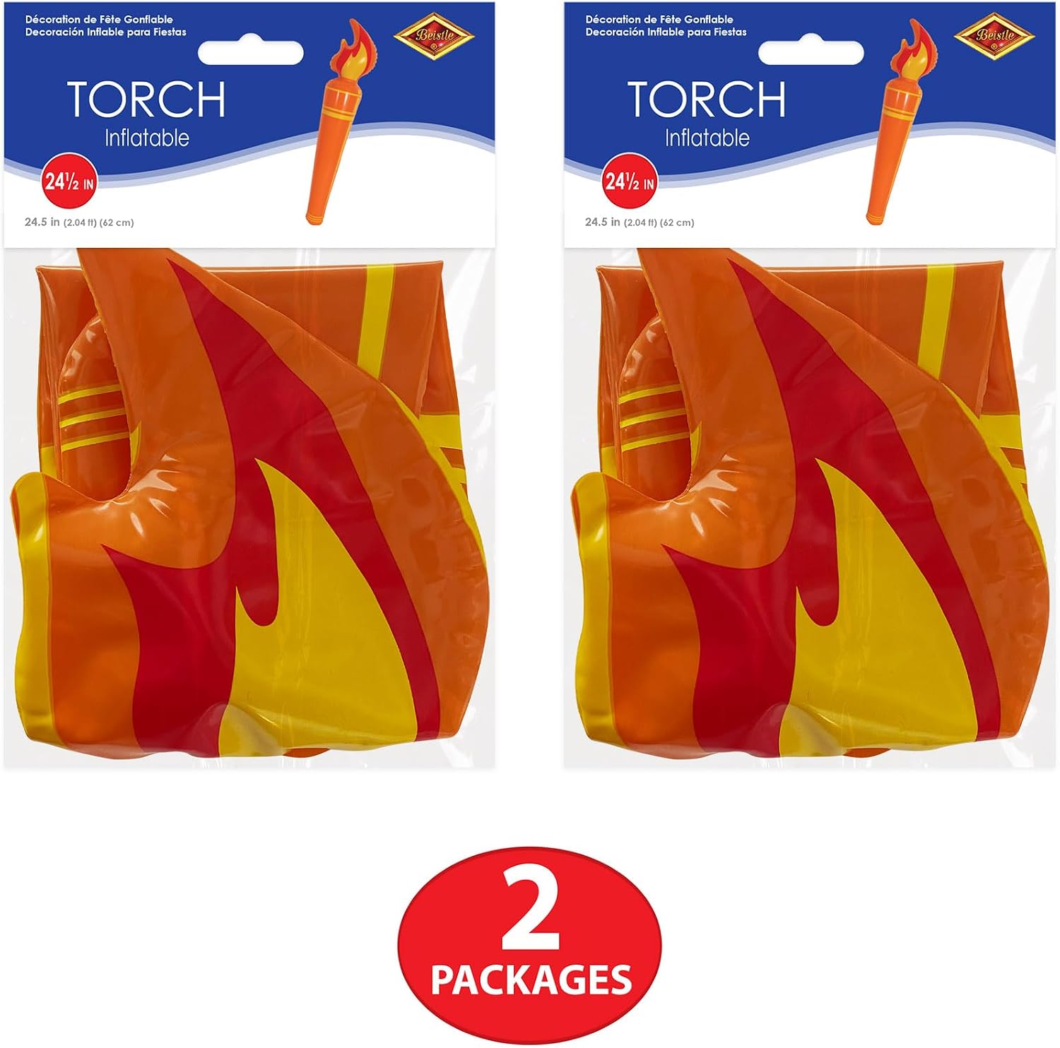 Beistle Inflatable Torches – 2 Pack Inflatable Torch Decorations with Printed Flame Design for Luau Parties, International Sporting Competitions, Tropical Events and Ancient Theme Supplies, 24½"