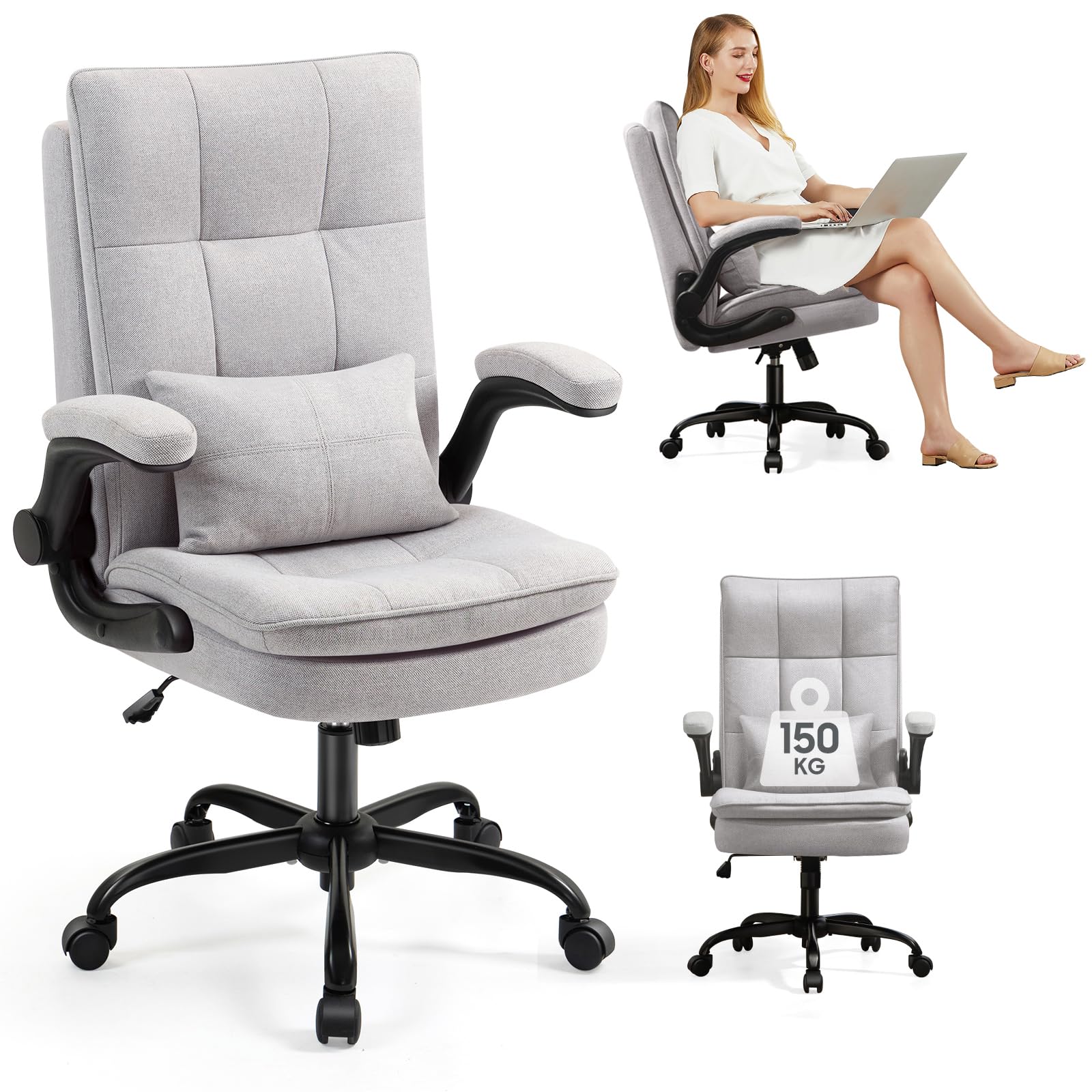 Asukale Bürostuhl Ergonomisch Schreibtischstuhl mit Hochklappbare Armlehne | Lordosenstütze, Bürostuhl 150kg, Hochklappbaren Armlehnen, Höhenverstellbarer, 90°-125° Wippfunktion, 360°, Stoff