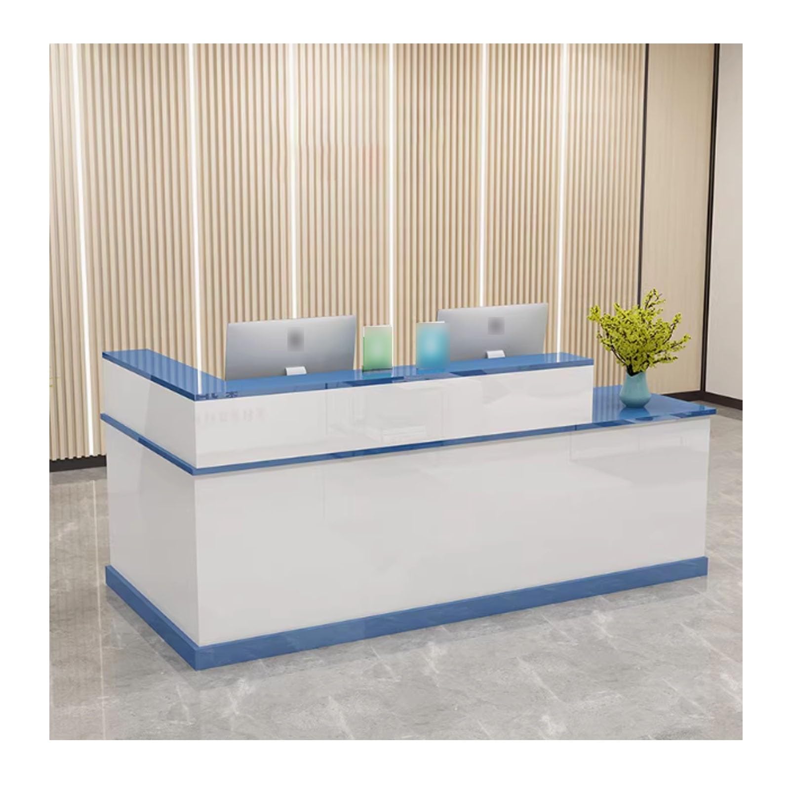 Escritorio de recepción azul con cerradura para salón y negocios, mostrador frontal abierto de 120 cm con diseño lateral derecho, muebles de oficina elegantes y funcionales