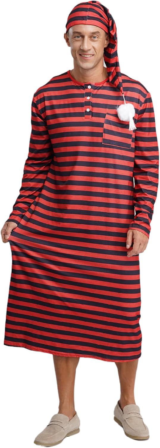 Mens Striped Nightgown Dubai Pajama Sleeping Robe Cosplay with Hat Saudi Sleepwear Nightshirt
