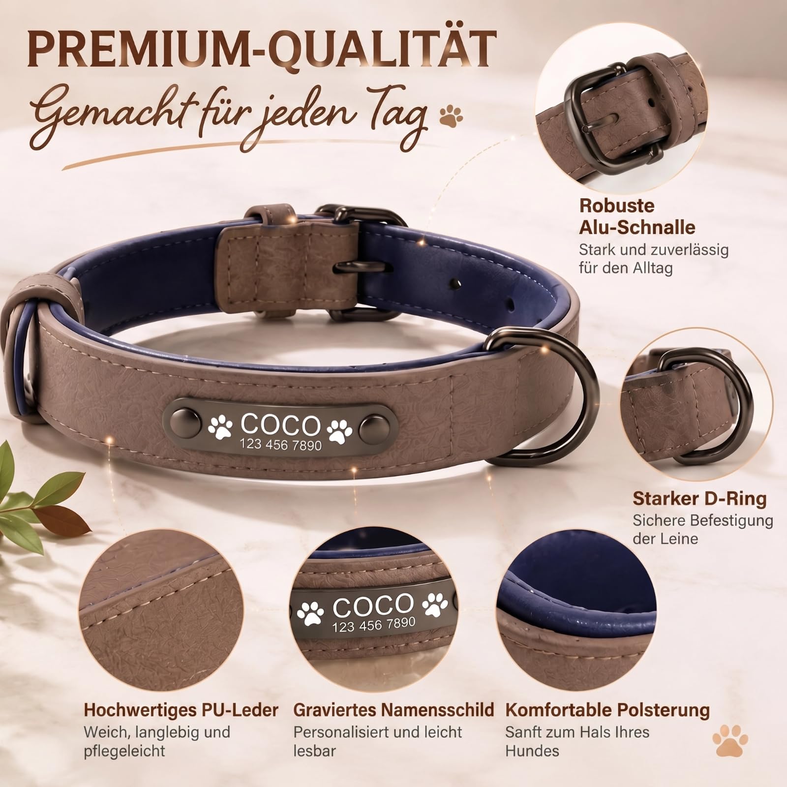 Personalisiertes Leder Hundehalsband mit Namensschild, Name & Tel. Gravur | Hundehalsband mit Namensschild (innen & außen Leder). Mit Gravur von Name, Nummer & Motiven. Ideal für Outdoor.