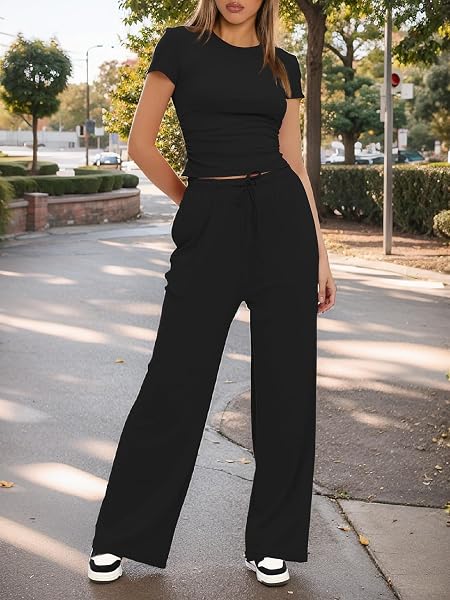 Women's 2 Piece Lounge Set Ruched Short Sleeve Tops High Waisted Wide Leg Pants - 1