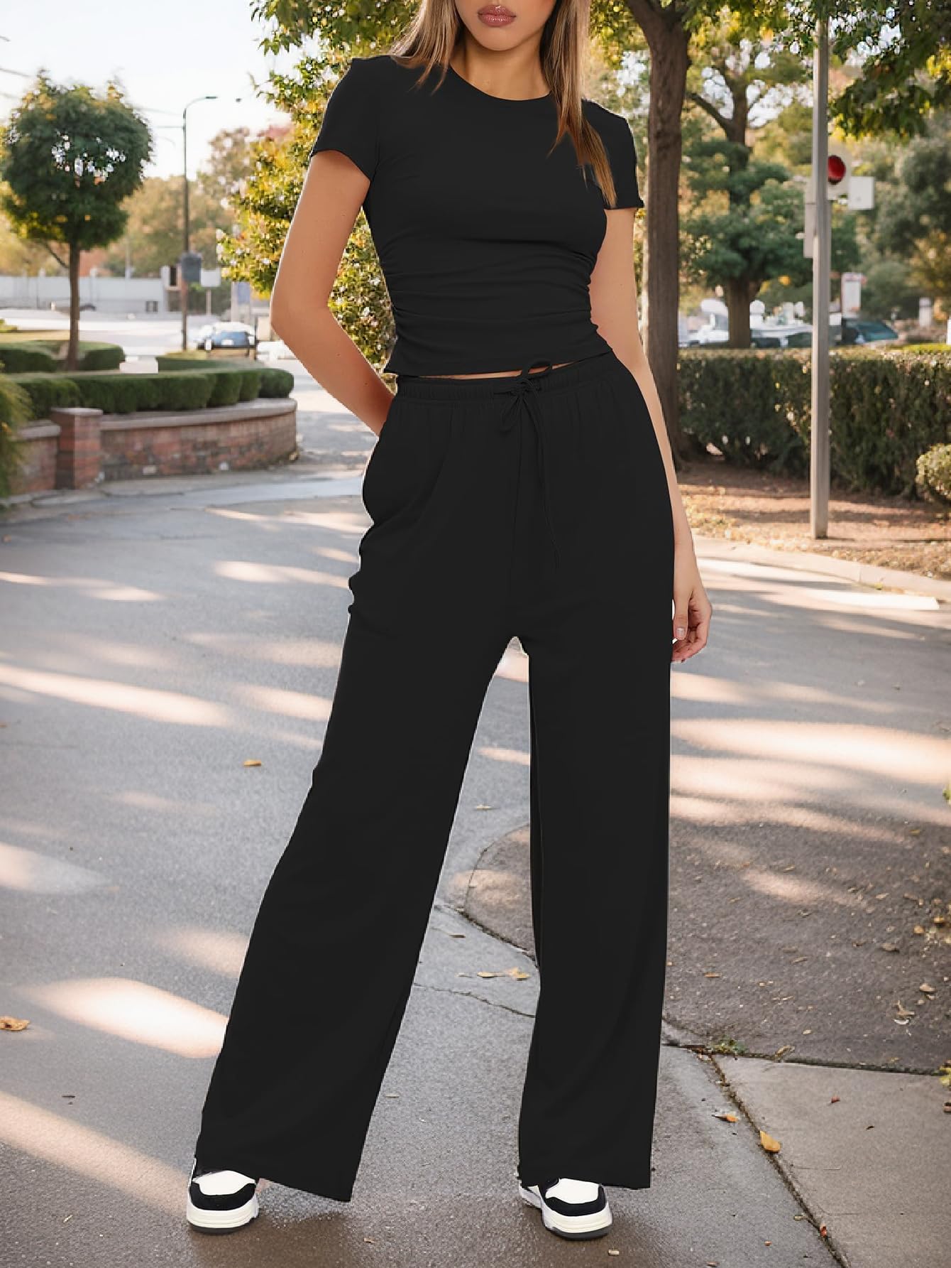 Women's 2 Piece Lounge Set Ruched Short Sleeve Tops High Waisted Wide Leg Pants