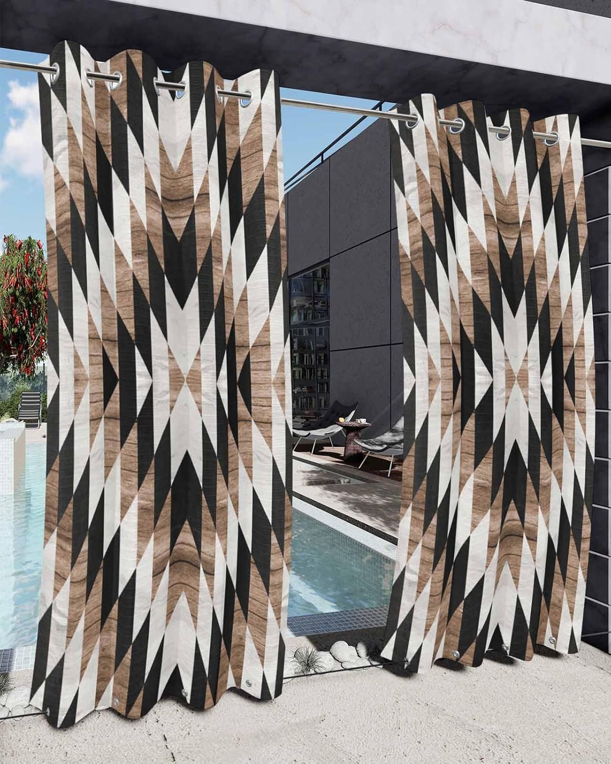 Brown Southwest Outdoor Curtains for Patio Waterproof,Privacy Sunlight Blocking Drapery,Top Bottom Grommet Drape for Gazebo Porch Pergola,1 Panel 54x108 Boho Aztec Morocco Farmhouse Black White