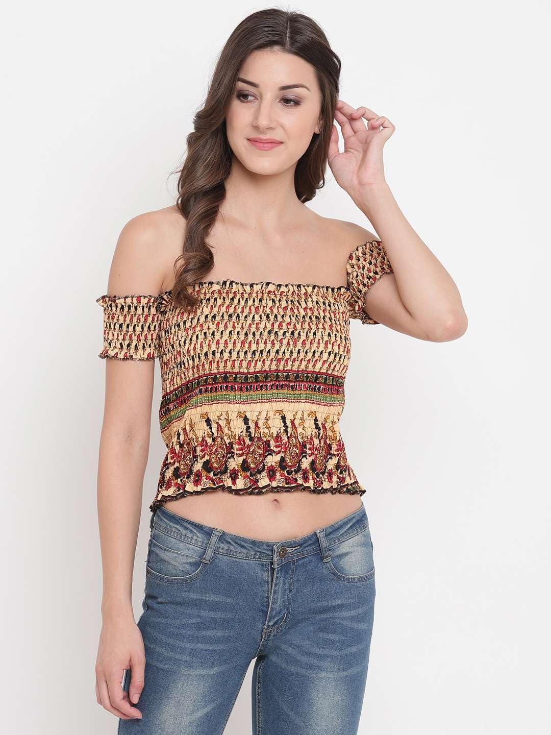 Myethnikart Women's Rayon Printed Off-Shoulder Smocked Crop Top Short Sleeve Casual Styles Tank Top (Free Size) Multi4