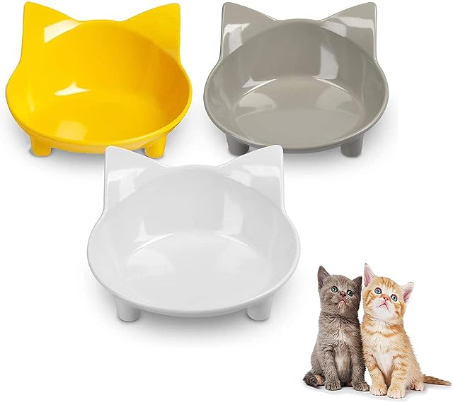 Cat Bowls, Anti-slip Multi-purpose Pet Feeding Bowl, Cat Food Bowl with Non Slip Rubber for Relief of Whisker Fatigue, Set of 3 - Grey, white and yellow
