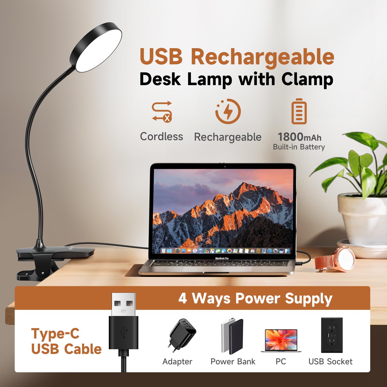 One Fire Desk Lamp, 1800mAh Wireless Lamp 60h of Use, 5 Brightness/5 Colors/Memory Desk Light USB Lamp,Flexible Table Lamp - Image 3
