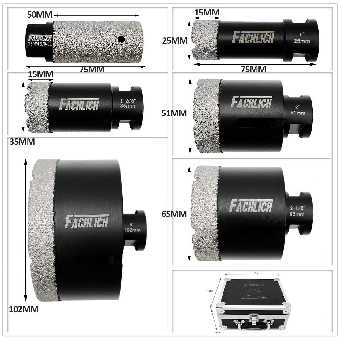 Diamond Hole Saw Kit Tile Hole Saw Kit 25/35/51/65/102mm/25F Diamond Core Drill Bits Set for Porcelain Tile Granite Marble Masonry Brick