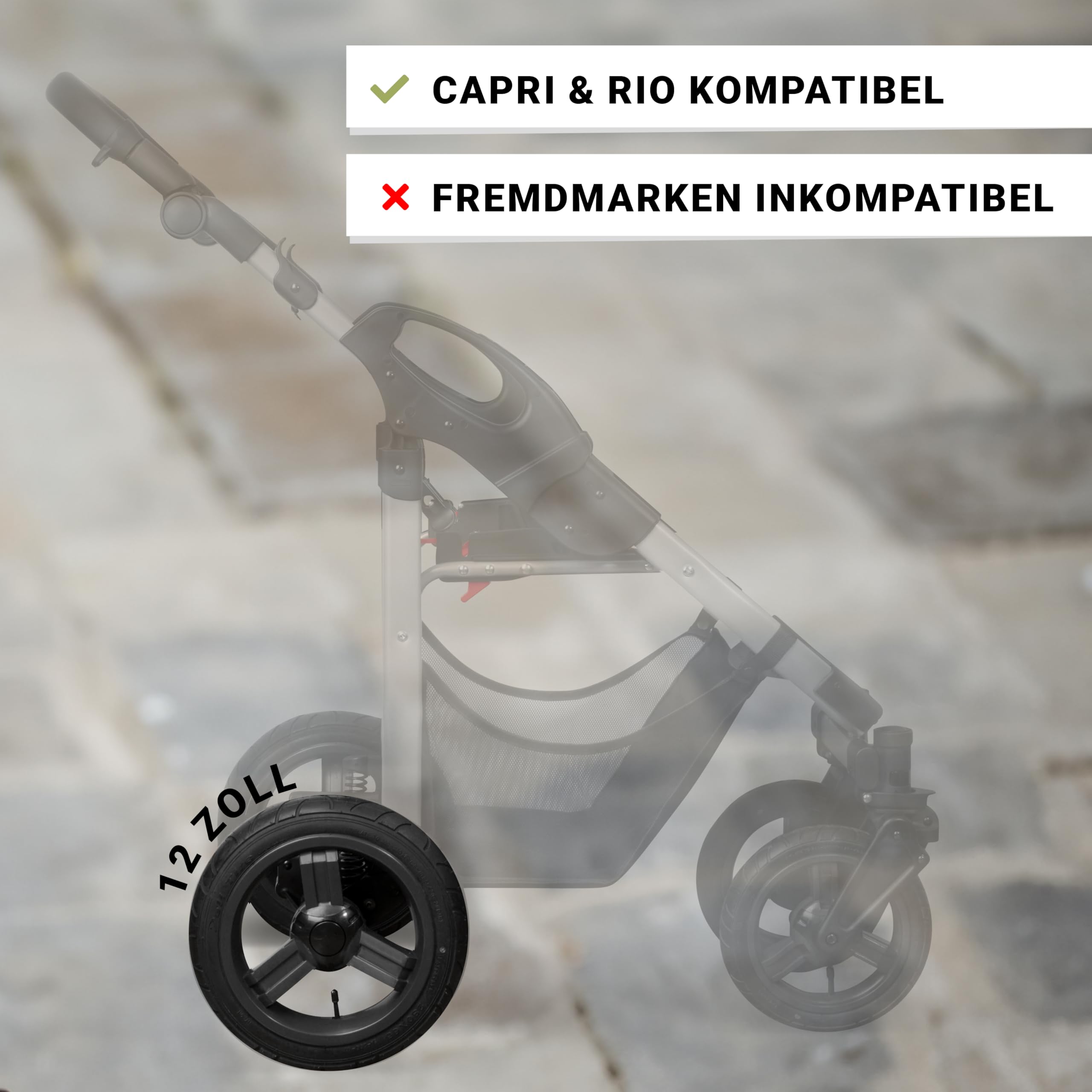 Bergsteiger Ersatzreifen für Kinderwagen Capri, Schwenkrad 9 Zoll, Komplettrad hinten 12 Zoll, chrome, schwarz