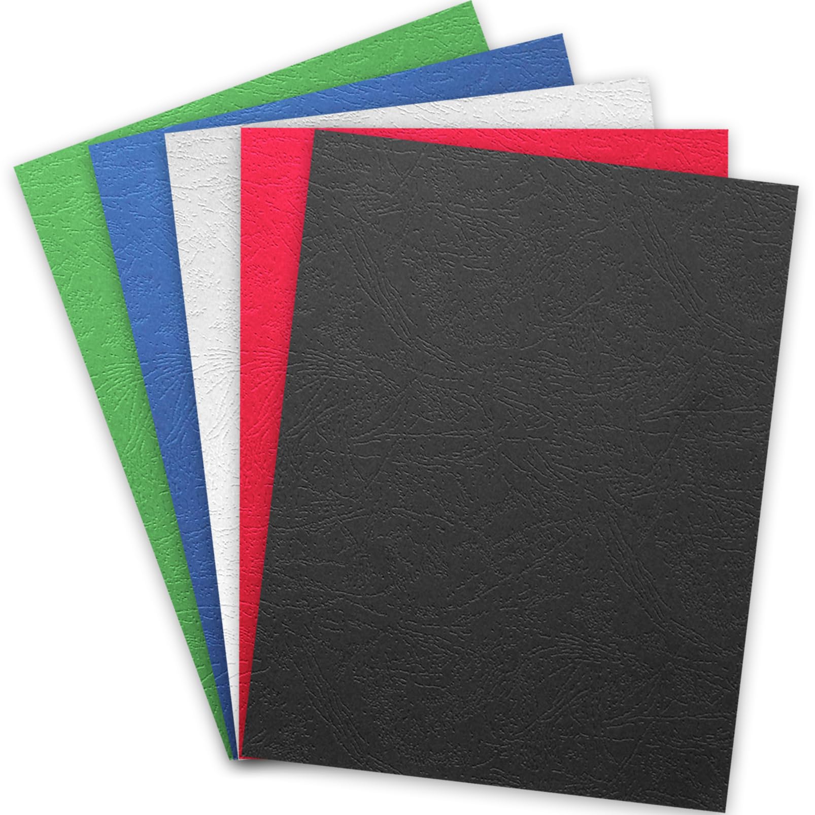 Binditek 100 Pack 13Mil Grain Texture Paper Binding Presentation Covers, 8-1/2 x 11 Inches 90lb, 250 GSM, Un-Punched, 5 Multi Colors (Black, White,
