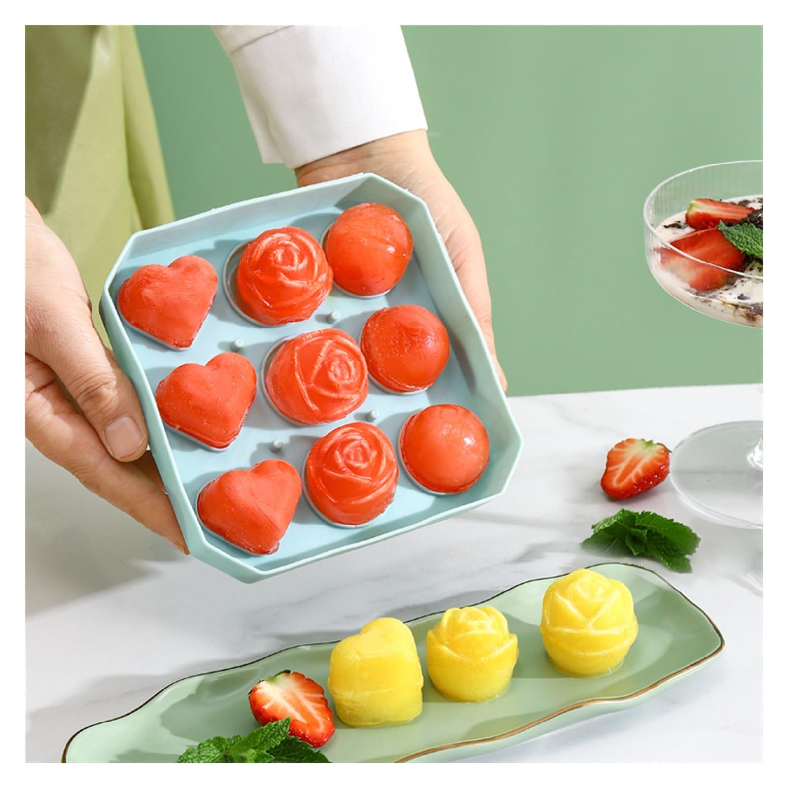 Vassoio per cubetti di Ghiaccio Stampo per Palline di Ghiaccio Cornice in Silicone Vassoi per cubetti di Ghiaccio con Coperchio Grande Fiore Rosa Cuore Forma Rotonda Gadget da Cucina Estivi Senza BPA
