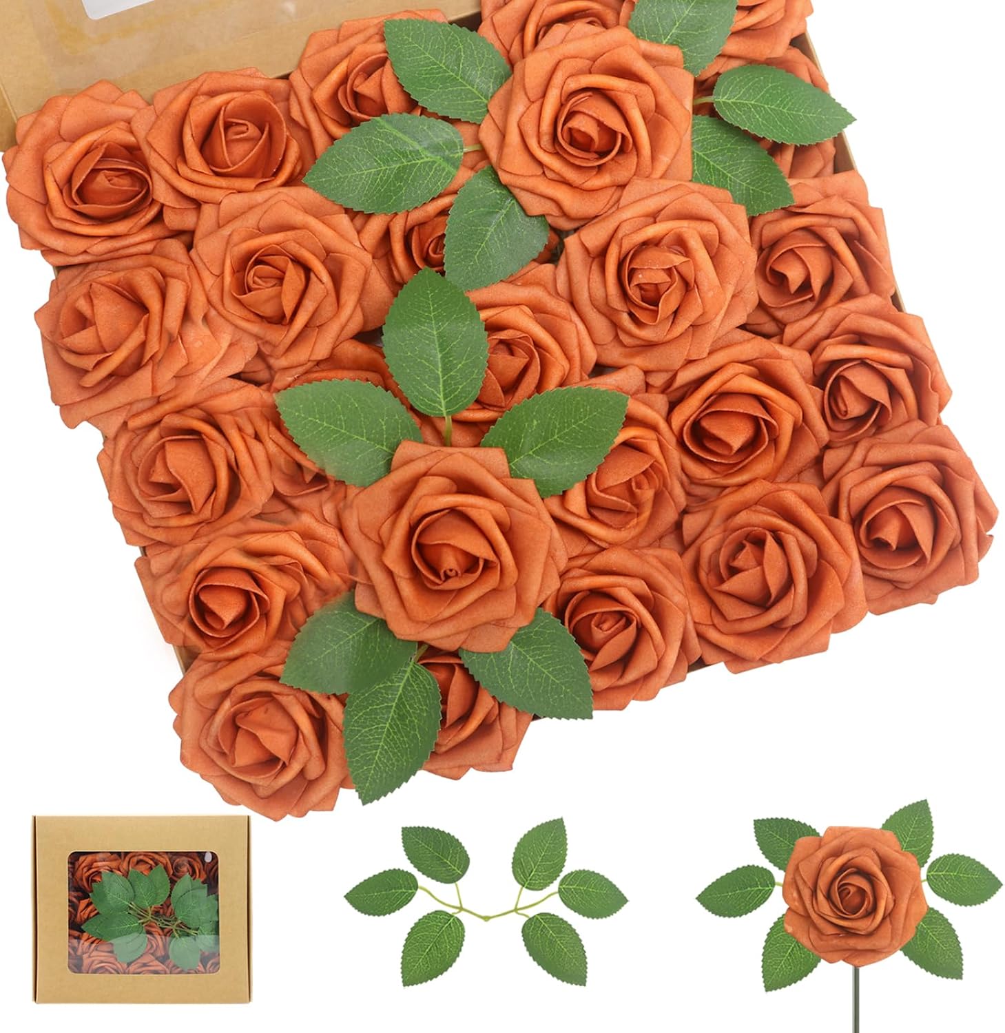 100PCS Artificial Flowers Burnt Orange Roses Real Looking Foam Fake Roses with Leav...