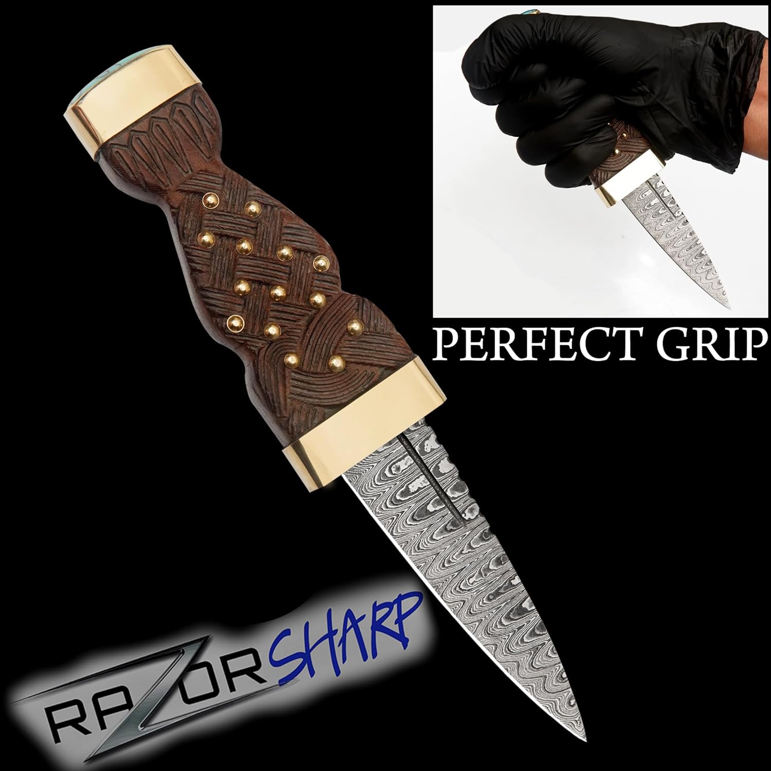 SGIAN DUBH Knife Handmade Damascus Steel Blade Scottish Dirk Custom Handmade Wenge Wood, turquoise and Brass Handle with Leather Sheath (Engraved Wood)