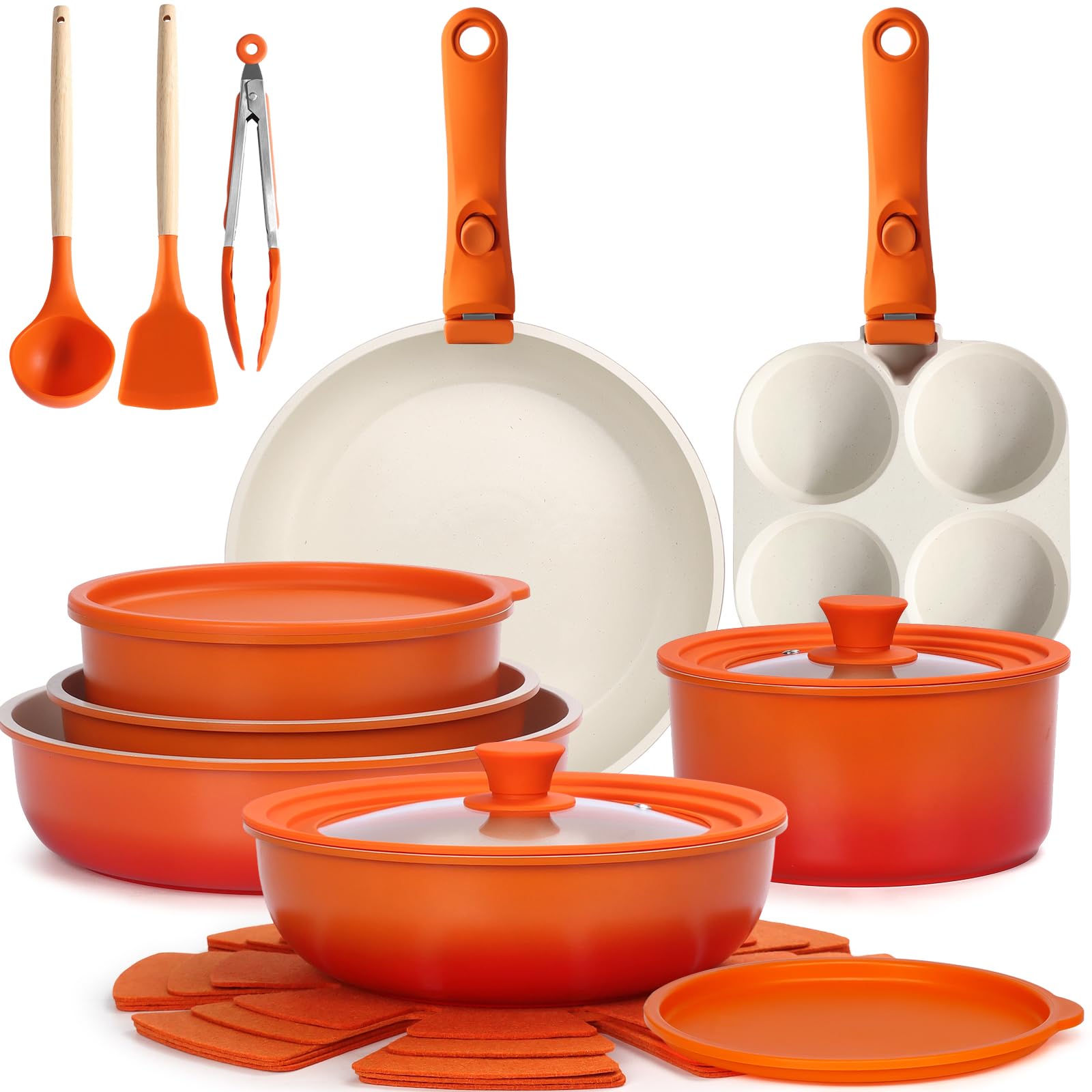 GiPP 21Pcs Pots and Pans Set with Detachable Handle, Pans Set with Non-Stick Coating, Induction Stackable Cooking Pots Set, Mobile Cookware Set Ovenproof Safe, Orange Gradient