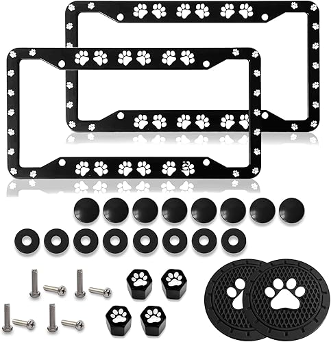 Marco de placa de matrícula con estampado de patas, 2 piezas personalizadas de aluminio para placa de matrícula de automóvil, 4 tapas de vástago de