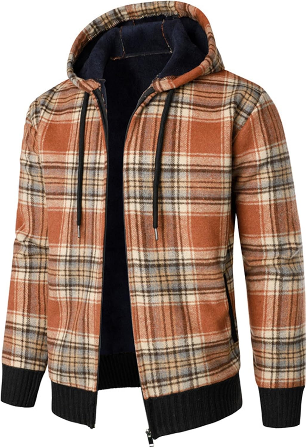 Ymosrh Cardigan Sweater, Long Sleeve Zip Up Plaid Knit Fall Winter Thermal Hooded Sweater Coat, M-3XL