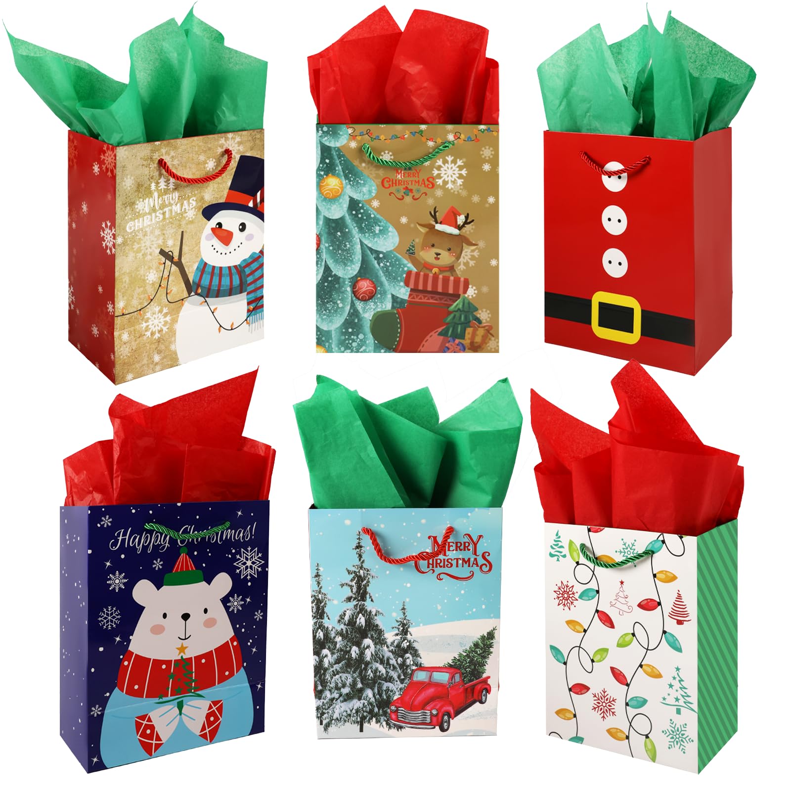 ONBAGLST Christmas Paper Gift Bags with Handle and 12 Sheet Tissue Paper, 12 PCS Heavy Xmas Paper Party Gift Candy Bags for Christmas Party Favors