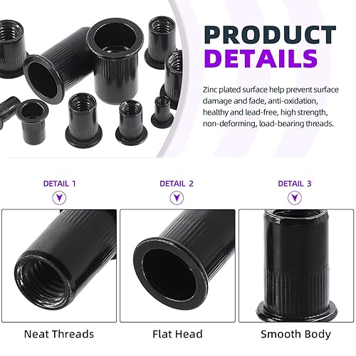 Miniatura 4 de Swpeet Kit de tuercas remachadoras métricas de 7 tamaños, 180 piezas, M3 M4 M5 M6 M8 M10 M12, tuerca remachadora de acero al carbono chapado en zinc