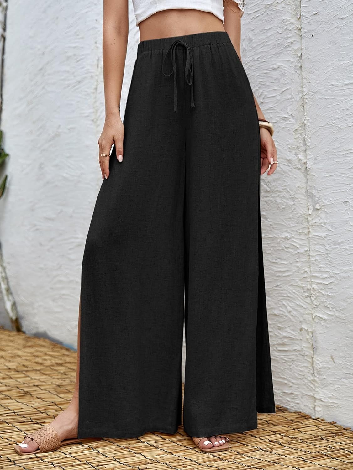 WDIRARA Women's Tie Front Elastic Waist Split Side Wide Leg Casual Pants - Image 3
