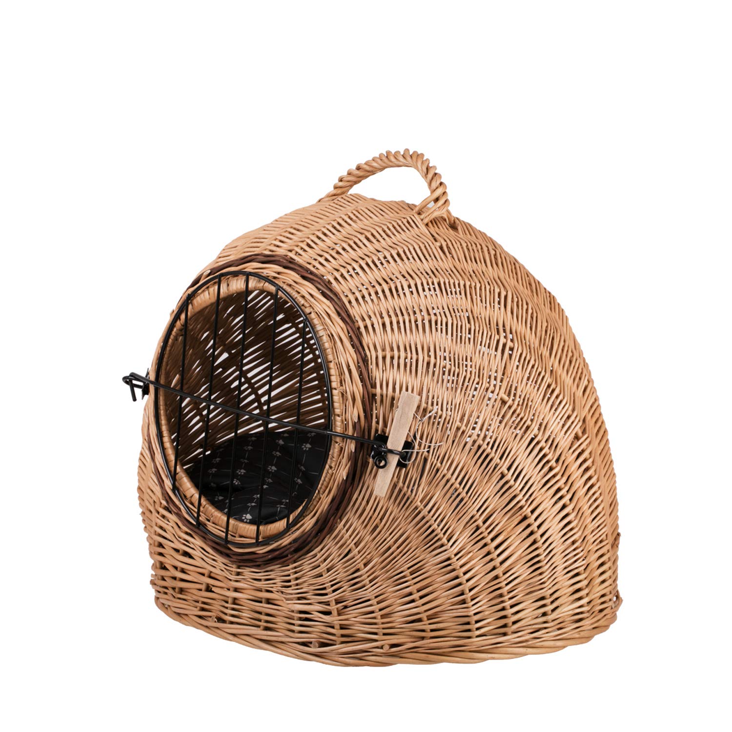 e-wicker24 Transportino Gatto in Vimini Cuccia Gatto Interno Transportino per Gatti con Cuscino Morbido Cesta per Gatto Cesta per Gatti in Vimini Cuccia Igloo Cane (55 x 45 H: 47, naturale_nero)