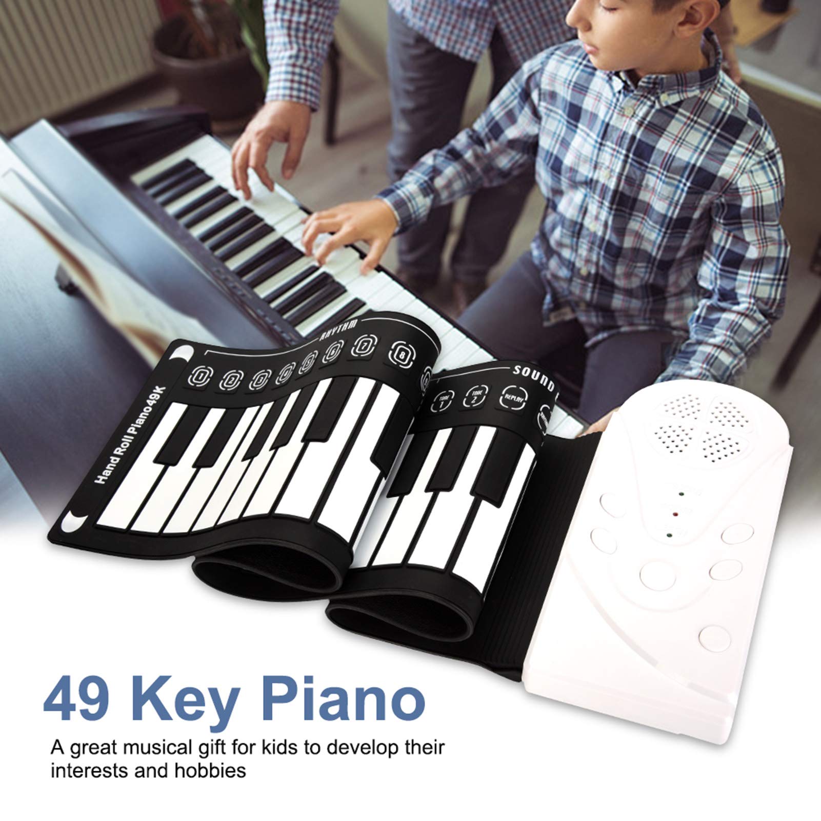 Roll-up Piano 49 keys, Electronic Hand Roll Portable Piano, Upgraded Waterproof Silicone Fold able Piano Keyboard for Beginners and Kids(White)