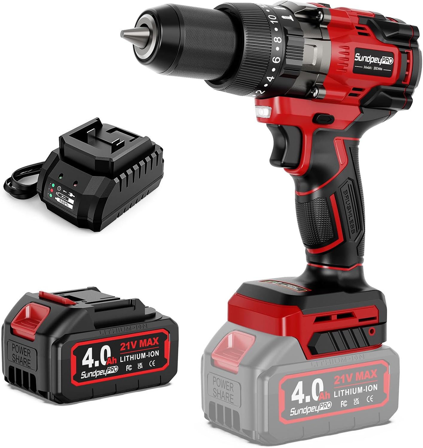 21V Cordless Hammer Drill – 1151In-lbs High Torque Brushless Drill Set w/ 1/2″ Metal Chuck & 20+3 Clutch & 4.0Ah Battery & Case – Power Drills for Home Wood Metal Brick Lightweight-Concrete