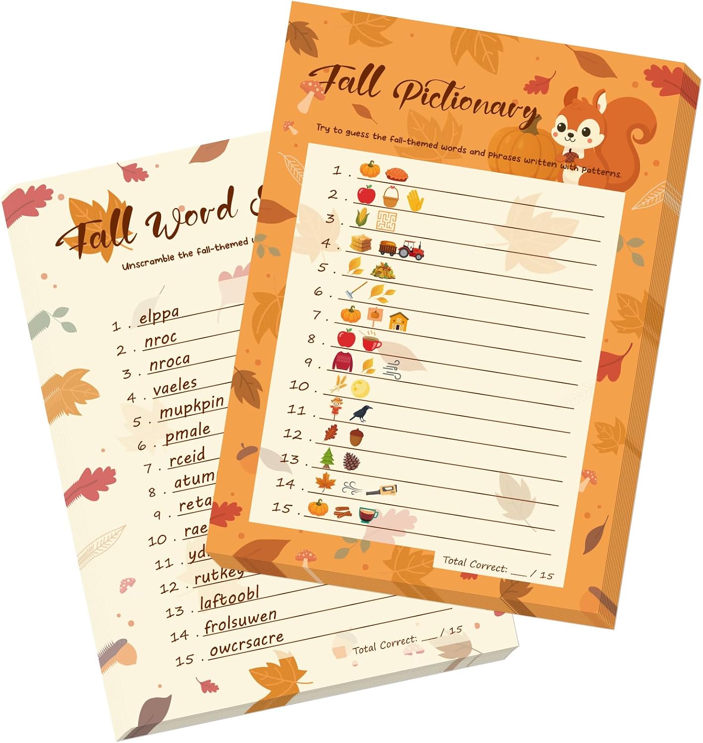 30 Players Fall Games Cards Picture Guessing and Word Scramble Game Cards Autumn Party Activities for Office Harvest Family Gatherings Quick Dry Writing Paper