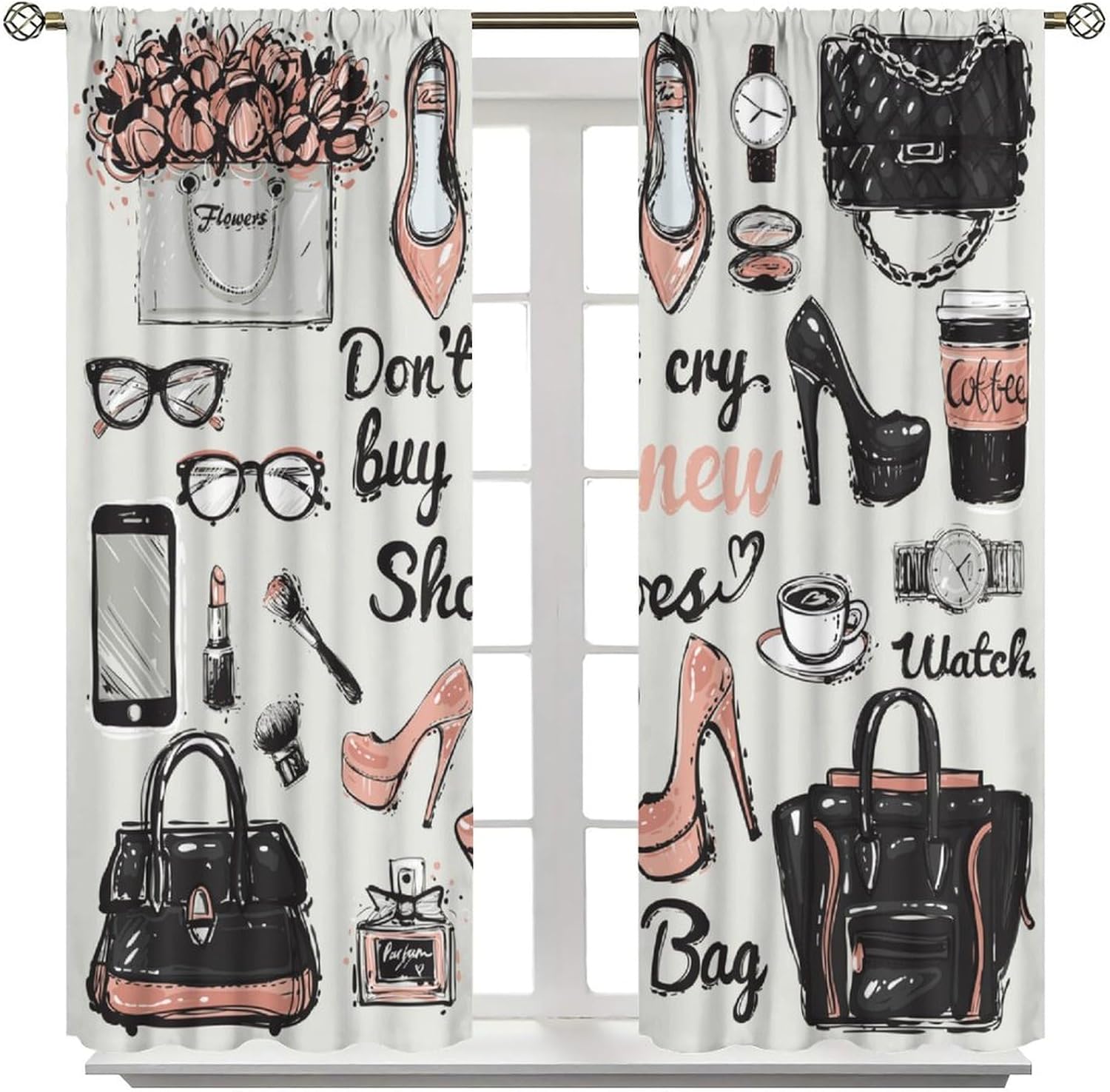 Fashion Women Watercolor Blackout Curtains, Elegant Makeup Girl Lipstick Perfume High Heels Romantic Makeup Art Window Treatments, for Living Room Bedroom 42" W X 54" L