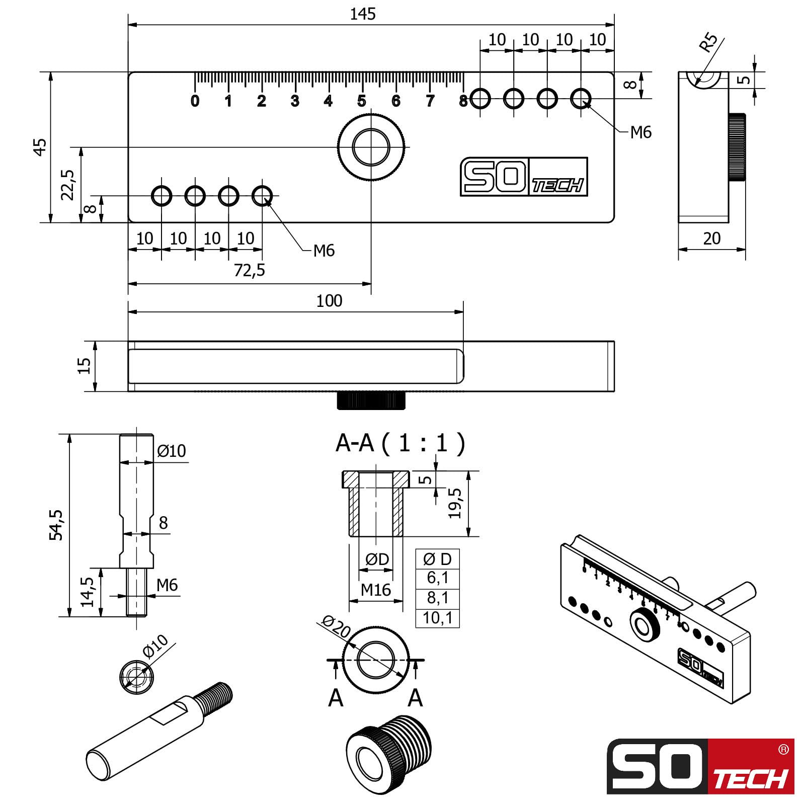 SOTECH Bohrschablone 145 x 15 x 45 mm