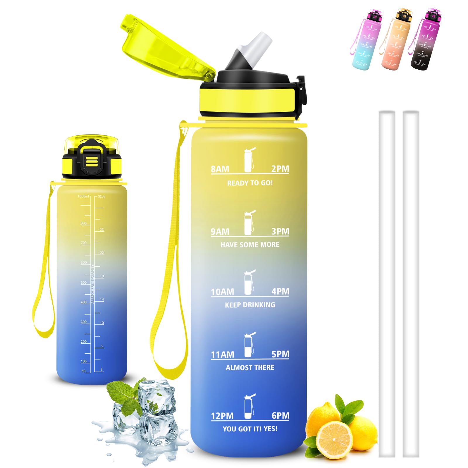Borraccia 1 litro, Borraccia con Cannuccia, Senza Perdite, Bottiglia 1 litro, Facile da Pulire, Water Bottle Motivazionale, Con Chiusura di Sicurezza, Borracce per Campeggio, Ciclismo, Viaggio, Yoga