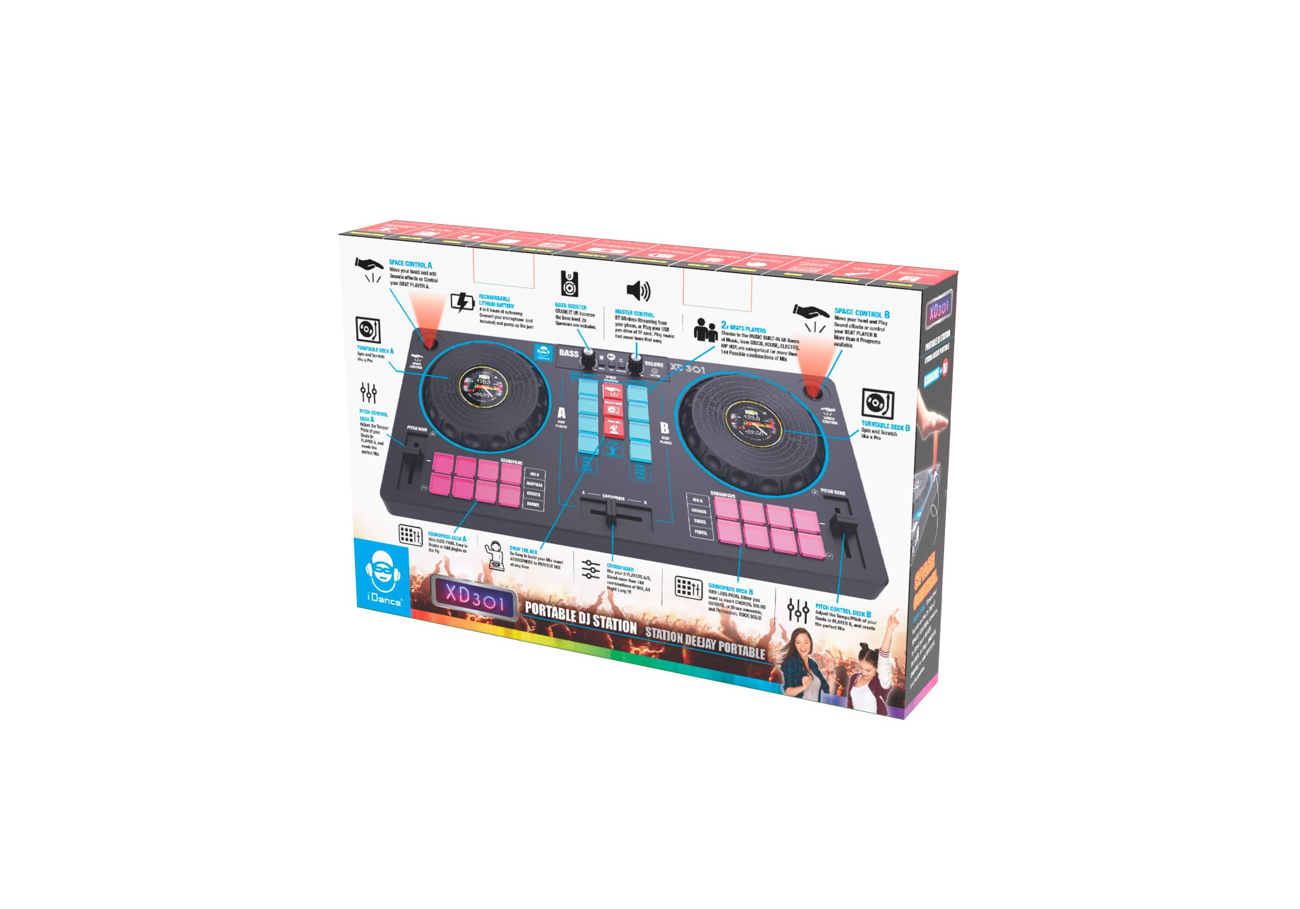Cefa Toys Station de DJ portable avec haut-parleurs et contrôle spatial 14 en 1, avec tourne-disque, crossfader et plus de 144 combinaisons de Mix, comprend un lecteur Bluetooth et USB et une batterie