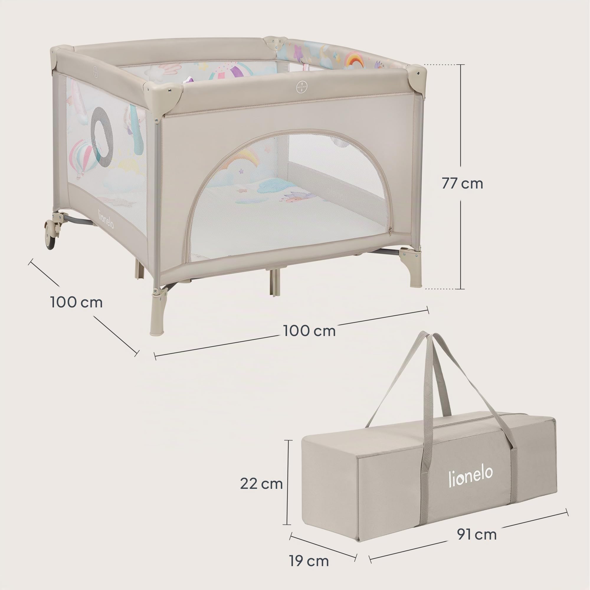 LIONELO Mille Plus Laufstall 100x100 cm mit Komfortmatte mit 3D-Bezug für Babys, bis 15 kg (0–36 Monate), Seiteneinstieg mit Reißverschluss, 2 Rollen mit Bremse, faltbar, Tragetasche