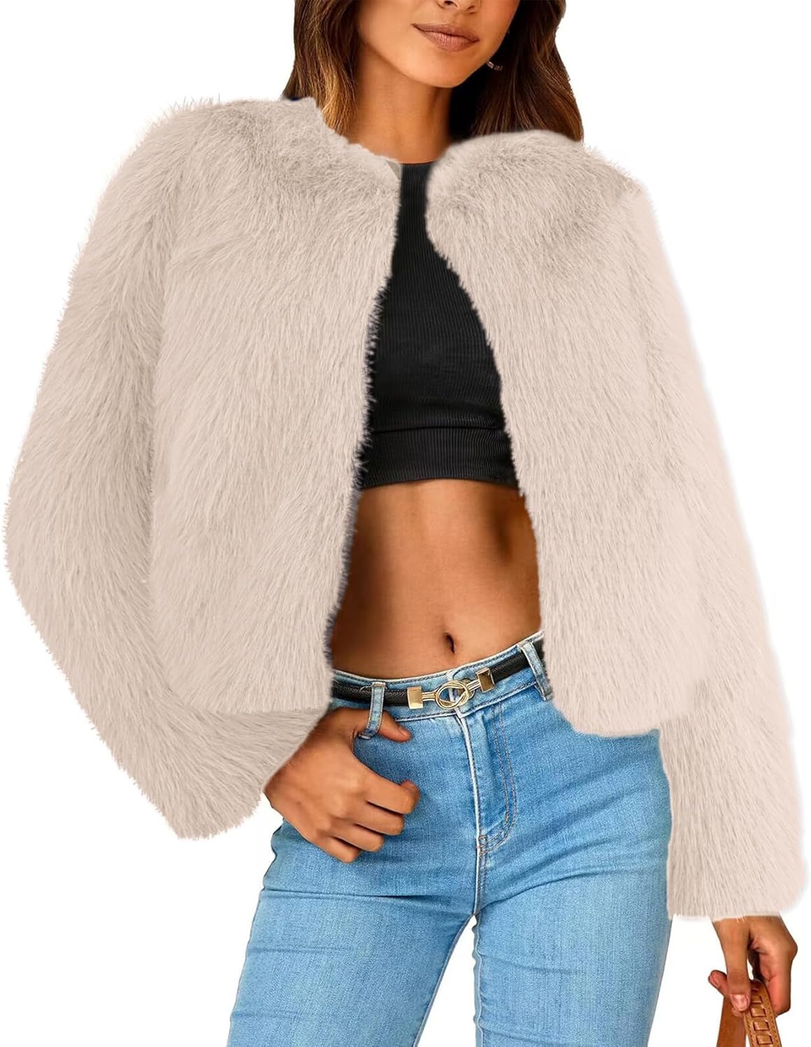 Simplee Women's Faux Fur Coat Furry Cropped Jacket Long Sleeve Warm Open Front Fur Jackets