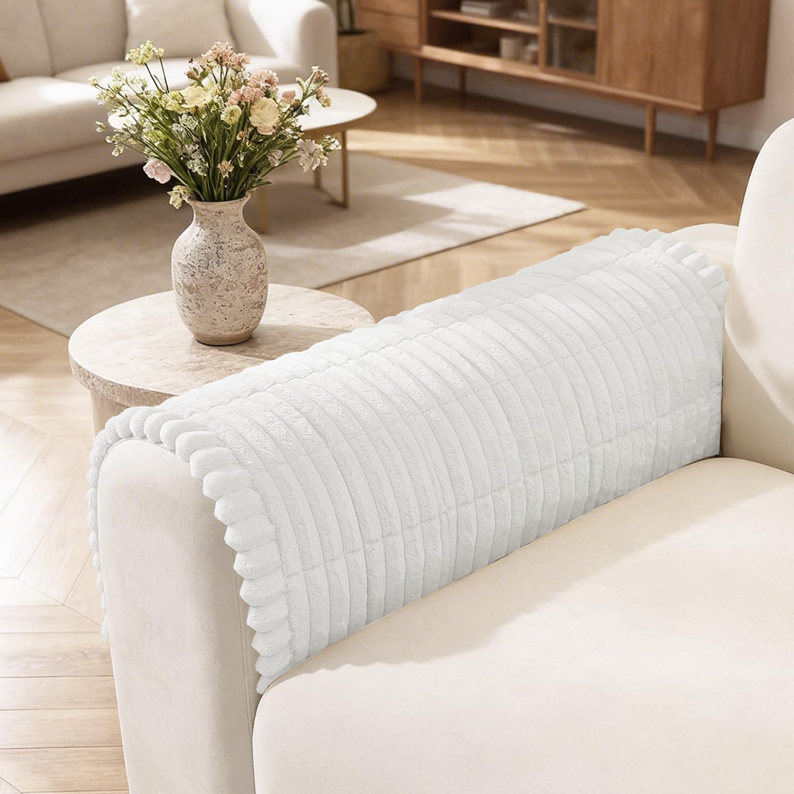 MAXIJIN Flannel Armrest Cover Washable, Soft Thick Sofa Cover 1 Seater, Armchair Covers for Dogs, Backrest Covers Furniture Slipcovers, Fuzzy Pads for Pets and Kids (White, 45×45cm)