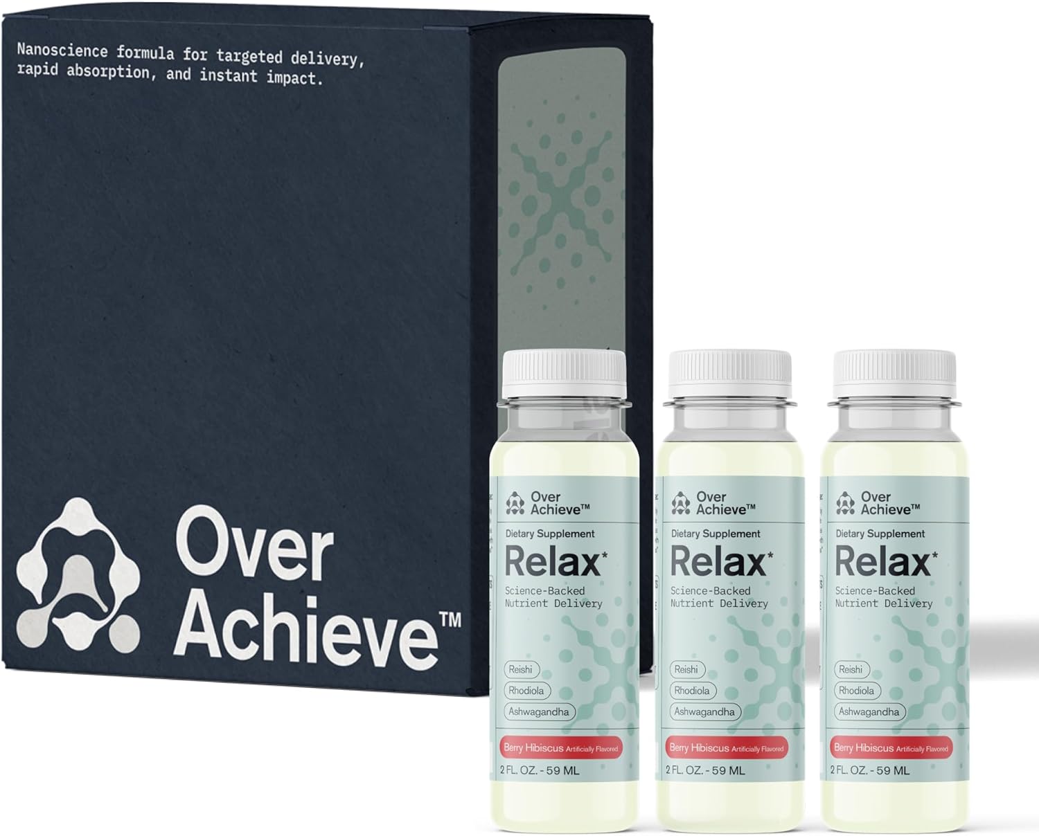 Relax Drink for Relaxation and Stress Relief, Contains Ashwagandha, Rhodiola Rosea and Reishi Mushroom with Advanced Nanoscience Technology, 3 Pack Calm Nervous System Berry Hibiscus, 2oz