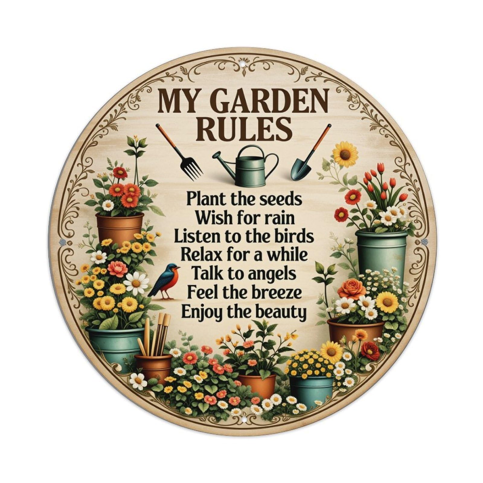 Ndieha Vintage Floral Garden Tools Birds Pots Flowers Round Tin Sign Metal Poster Retro Bar, Home, Man Cave, Kitchen, Laundry Room Wall Art Decor Gift 8X8inch