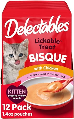 Delectables Bisque Kitten - Golosinas húmedas para gatos, atún y pollo (paquete de 12) (el embalaje puede variar)