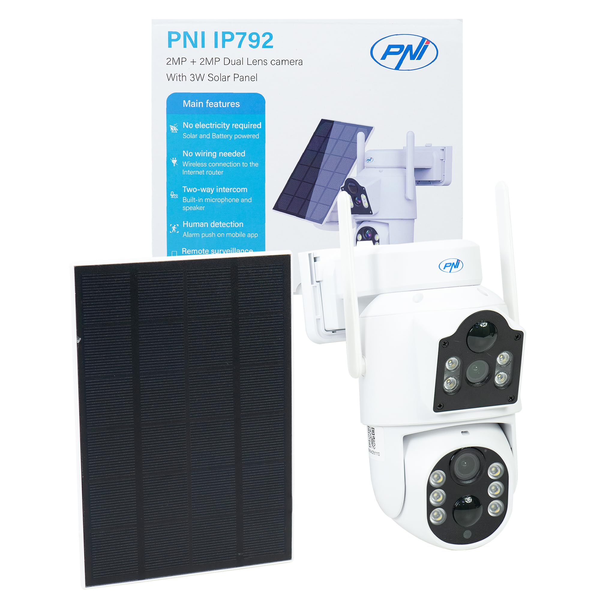 PNI Kamera do monitoringu wideo IP792 z podwójnym obiektywem 2 MP + 2 MP, panel słoneczny 3 W, wbudowana bateria 6000 mAh, wykrywanie ruchu, gniazdo kart micro SD, noktowizor, dwukierunkowy dźwięk,